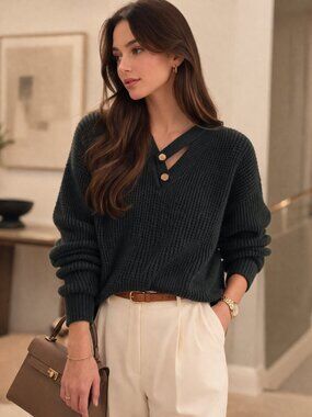 Astrid chunky knit Italian wool alpaca quiet luxury cutout v neck navy sweater